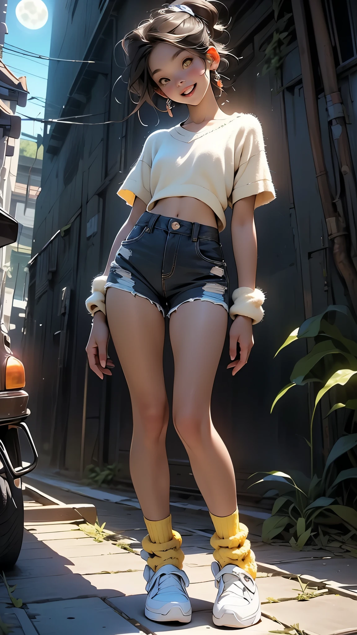 woman, (((from below))), busy city, foreshortening, (seductive pose), looking at viewer, mad, blackcutoffs, (eye contact), african, photorealistic, masterpiece, realistic, high contrast, hyper detailed, best quality, ultra high res, photorealistic, high resolution, detailed, raw photo,