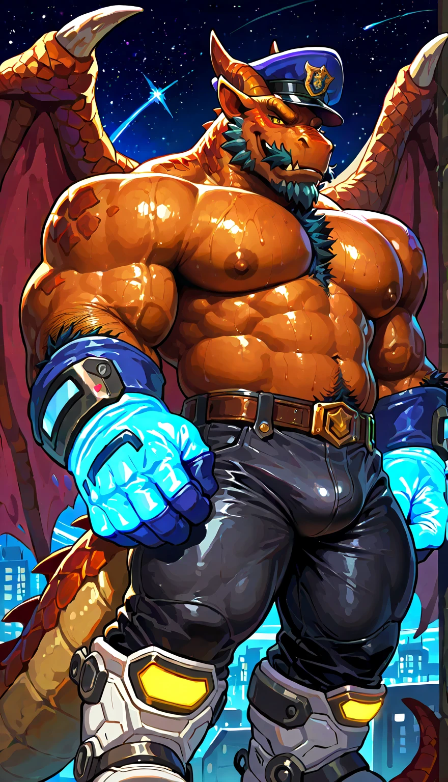 solo, male, deathclaw, muscular body, topless, showing his thick penis and massive balls, thick brown pubes hair, (blue tight jeans, pull down, pants_down), arm raise hand behind his head, showing his armpit, (Portrait Focus), head to hip, looking at viewer, high detailed, masterpiece, dark blue background, flat color, pen and ink style, author by: Meesh