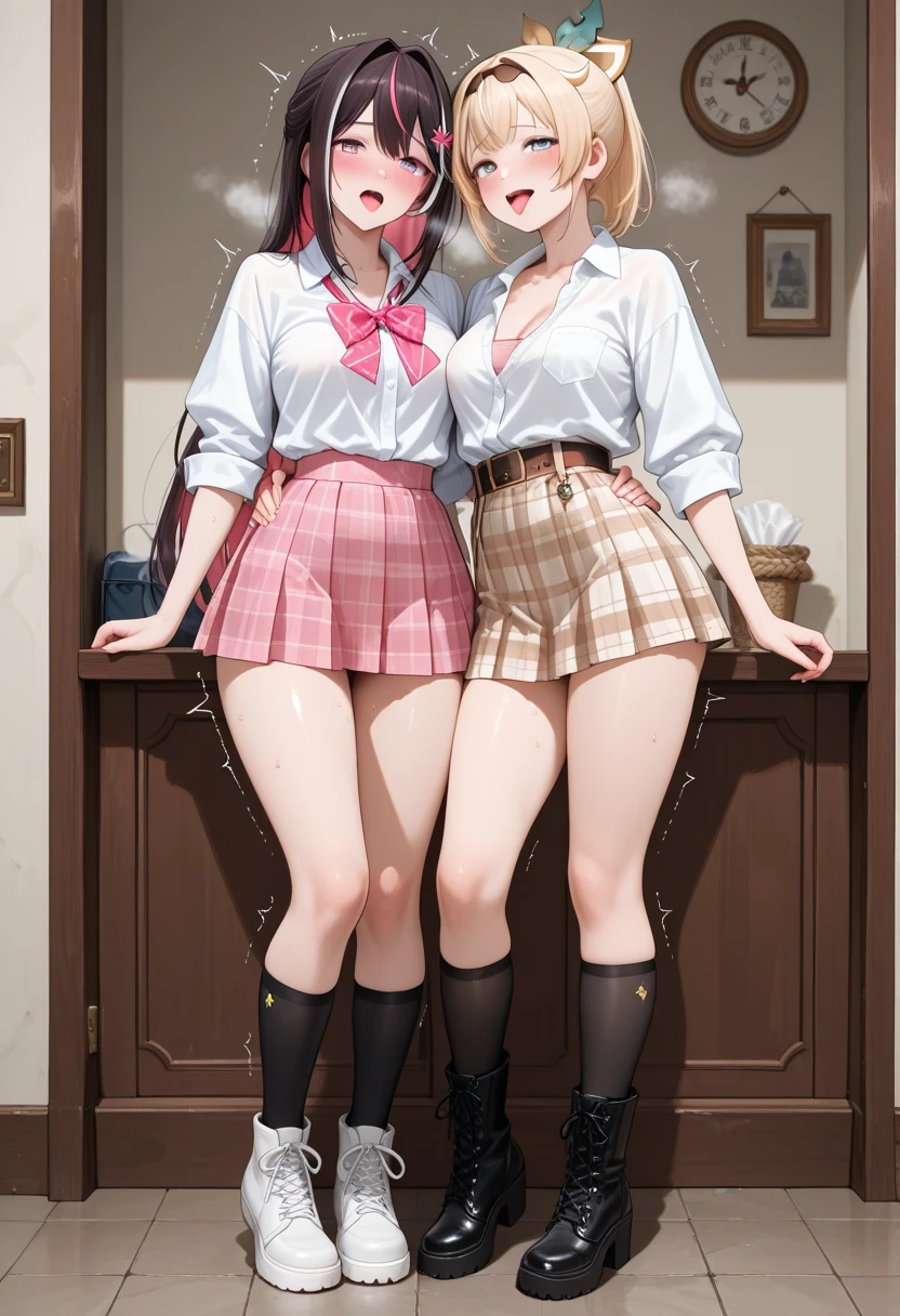 2 girls, smile:1.3, shirt, skirt, (small),((classroom:1.5))、Blonde、(blush:1.3)、((青いチェック柄のskirt:1.5))、Cowboy Shot、(skirt lift:1.3),(Highly detailed panties:1.3)、(Highly detailed white panties:1.3)、、(skirt that rolls up:1.3)、(Full-fledged panties:1.5)、,((Pure white cardigan))、((spoken heart:1.5))