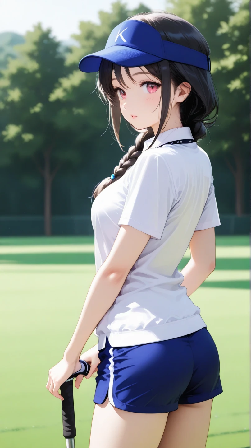 absurd, masterpiece, best quality, realistic, hyper-detailed, (shiny skin, sweaty:1.4), looking at viewer, slender, 1girl, solo, tennis wear, white polo shirt, white sneakers, white miniskirt, small breasts, (thick thighs:0.4), dynamic lighting, high resolution, sharp focus, depth of field, ponytail, black hair, blue eyes
