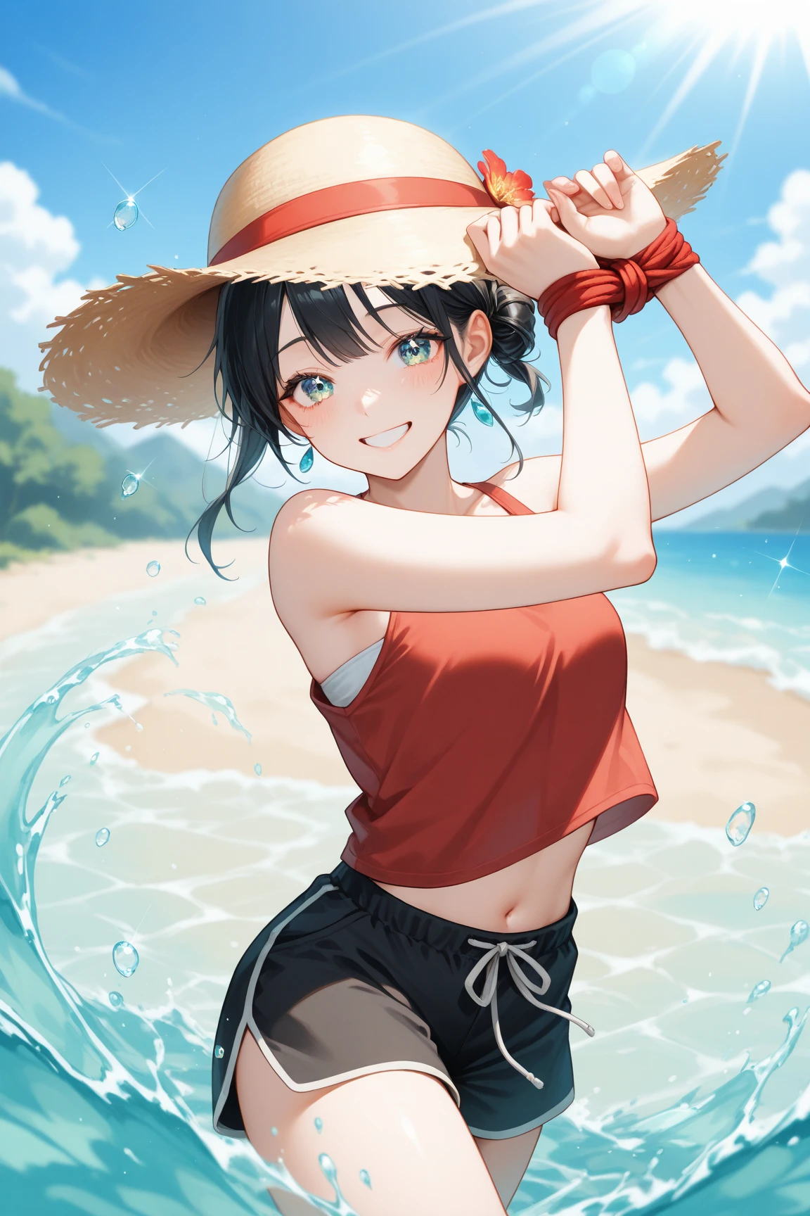 highest quality、Realistic、female、Japanese、zoom、Black Hair、Brown Eyes、short hair、Swimwear、Looking down、smile、　
