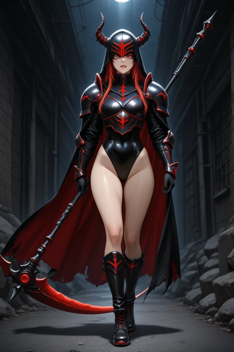 (high quality:1.2), cinematic lighting, extremely detailed,
Ingrid, mature female, (dark-skinned female:1.1), standing, (planted sword:1.2), holding sword, full body,
Determined, teeth, looking down, looking at viewer,
red hair, very long hair, hair intakes, (mole under mouth:0.85), yellow eyes,
helloutfit, (coattails, revealing clothes, underboob, black turtleneck:1.1), elbow gloves, thigh boots, red cape, panties,
curvy, midriff, medium breasts,
night, cityscape, full moon, rooftop,
<lora:IngridV2:0.9>