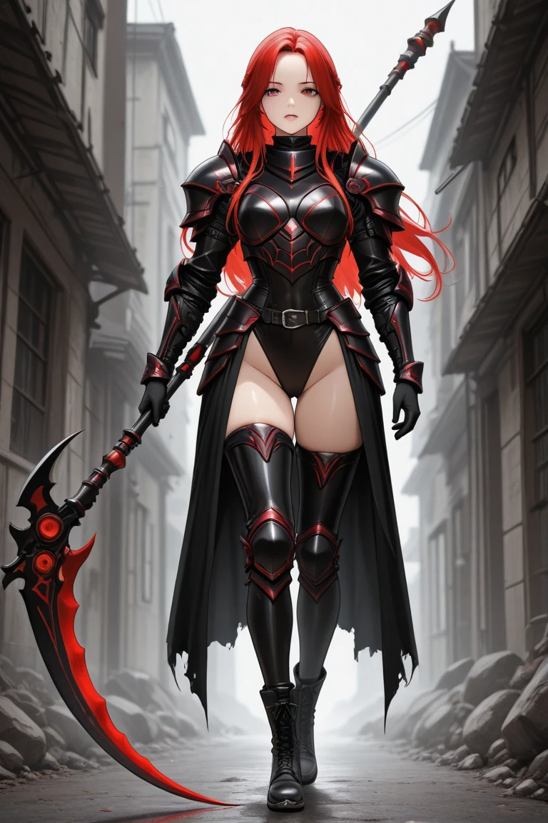 masterpiece, best quality, 1girl, long hair, big bust, very long red hair, black armor, armor with spines, good anatomy, red gloves, boots, heels, evil, villainess, fishnet stockings, helmet with thorns, scarlet, dark, chest red tatoo, madness smile, intimidant, bloody, detailed eyes, corrupted, dark aura