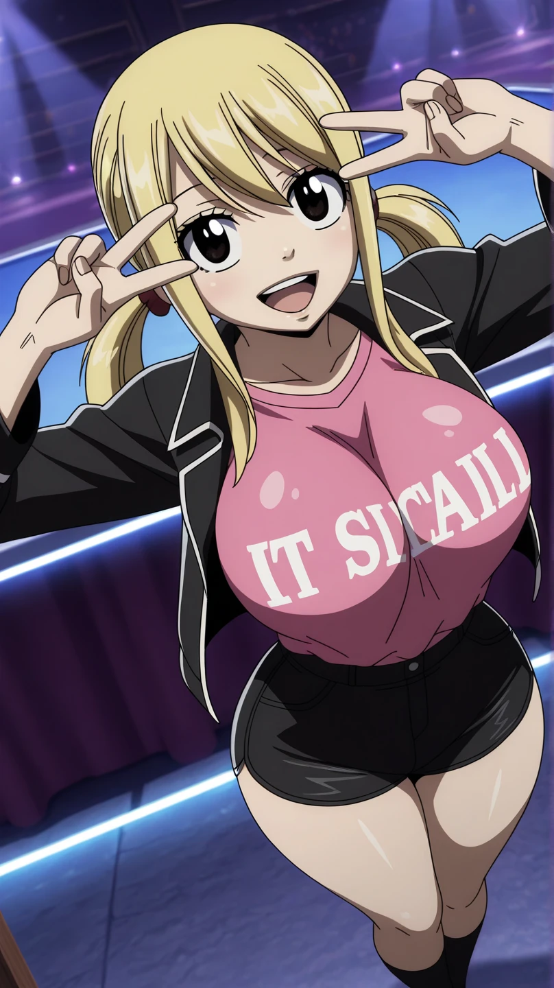 1 girl, alone, desumi magahara, short hair, blonde hair, green eyes, big breasts, medium waist, wide hips, medium thighs, round butt, pink blouse with black details, tight blouse, cleavage, black shorts, short shorts, shoes black, blushing, embarrassed, city, street, standing, good lighting, smile, alone, dutch angle, looking at viewer, head on, point of view (from above), antonia perfection, perfect hands, cowboy photo,