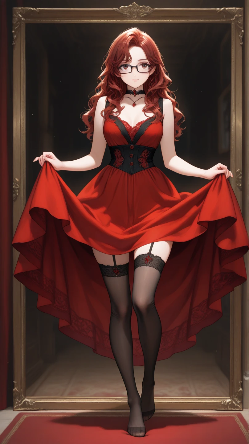 A red haired woman with red  eyes with an hourglass is wearing a designer dress down the runway