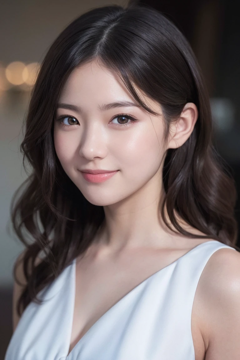 (Super beautiful woman)、((highest quality、8K masterpiece:1.3))、sharp focus:1.2、(super beautiful face:1.0)、(shiny skin:1.0)、realistic pictures、black hair、video lighting、High resolution eyes and face、video lighting、japanese actress、from the front、with a happy smile、whole body、