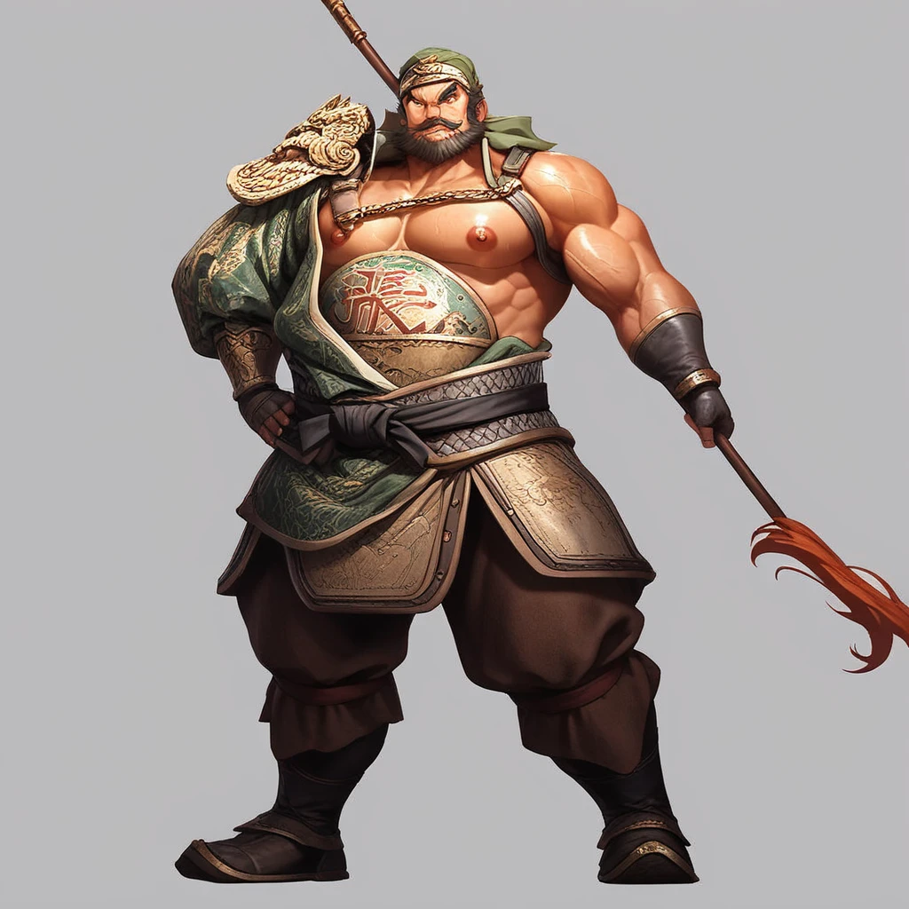 A closeup of a middle-aged Mongolian man with a white mustache, holding a large spear in his hand, holding spear, image of an adult warrior, shirtless technoviking man with leviathan axe, a muscular army general furious, legendary god holding spear, , bald male swashbuckler with white mustache, beefy, barbarian class,