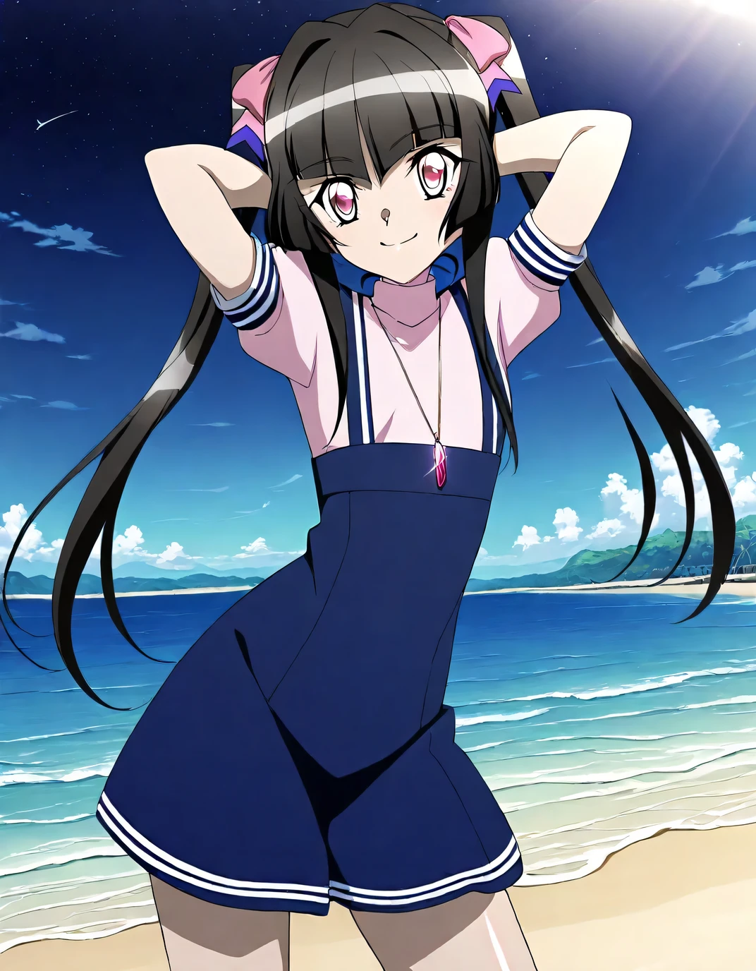 shirabe, anime screencap, anime art style, senki zesshou symphogear, twintails, crimson eyes, black hair, long hair, twintails, jewelry, pink eyes, necklace, blunt bangs, 1girl, shiny hair, sailor dress, handkerchief, necklace, peach stockings, shiny skin, high quality, solo, night sky, beach, hands behind head, ((contrapposto)), closed mouth, cowboy shot, looking at viewer, smile, best quality
