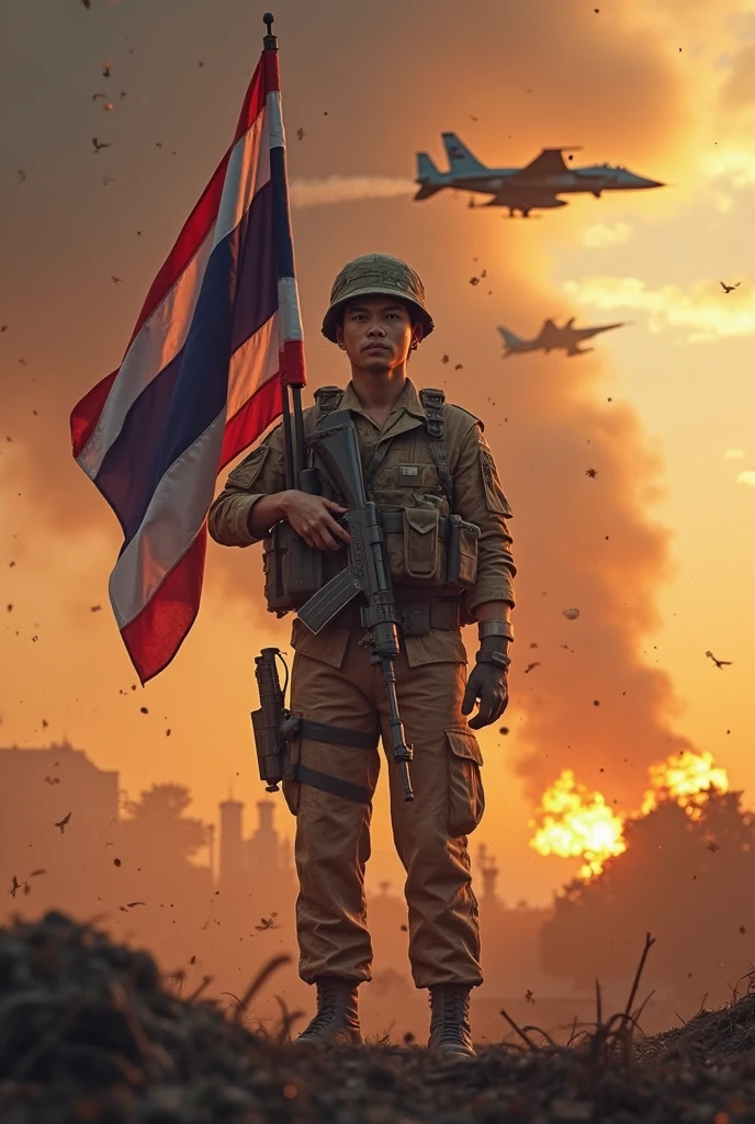 A handsome Indonesian man holding a flag runs