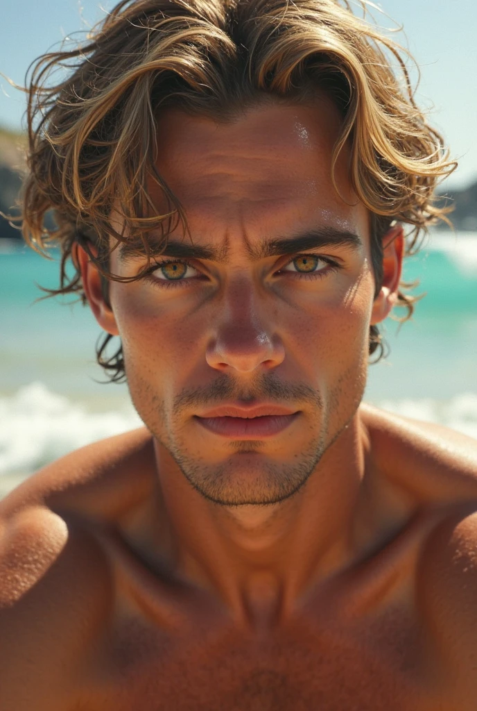 a white man in his 30s, Scrawny, blue colored eyes, wearing young clothes, lying on a beach in the Algarve, looking at the camera and touching his wet hair