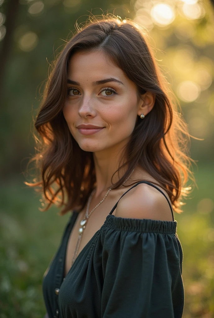 Mujer en el bosque, Cabello largo, Brazos a los lados, Parte superior del cuerpo, camisa blanca, (open shirt:0.8), (expressive face:1), (sweet smile), retrato, Closeup, Looking at camera, La mejor calidad, nikon d850, film stock, ISO noise, photograph 4 kodak 400 camera f1.6 lens, cinestill 800, (Lente de 100 mm), third rule, rich colors ,hyper realistic, lifelike, texture, natural lighting, trending on artstation,