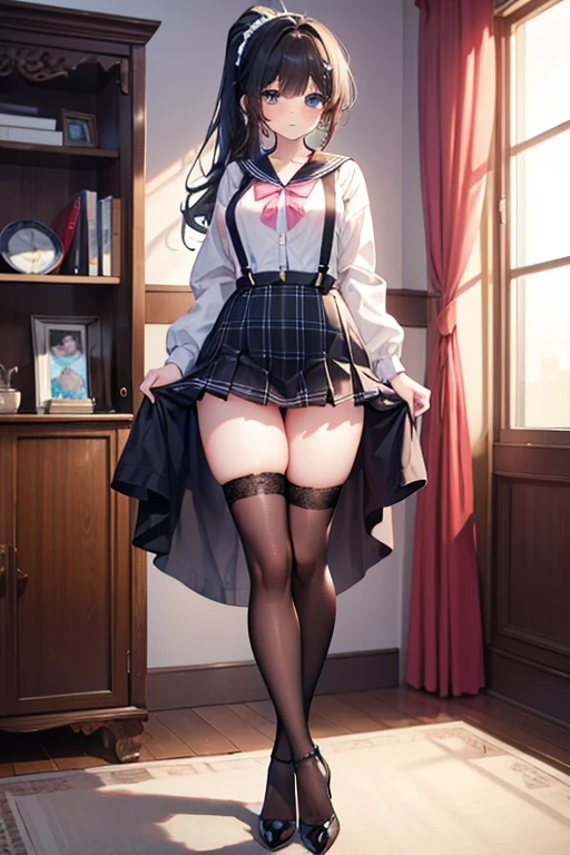 1girl,((Smooth black hair in a ponytail blowing in the wind,Clear black eyes)),((masterpiece,Very realistic,A detailed anime wallpaper:1.4)),((Perfect Anatomy:1.2)),Cute symmetrical face,CG Unity 8k,((Black long-sleeved sailor suit,black pleated mini skirt,Intellectual glasses,Black thigh-high socks)),8K quality,Extremely sophisticated digital art,((holding an open book in one hand:1.55)),A perfect, cute, and excellent girl,Looking at the camera with a gentle smile,A soothing smile,Very large breasts,Extremely detailed hair and face,Artistic pastel art,((A tree-lined road at dusk with autumn leaves fluttering beautifully:1.1)),((The refreshing breeze flips up my skirt:1.24)),Professional Lighting,Supermodel,((Red lace low rise panties:1.09))