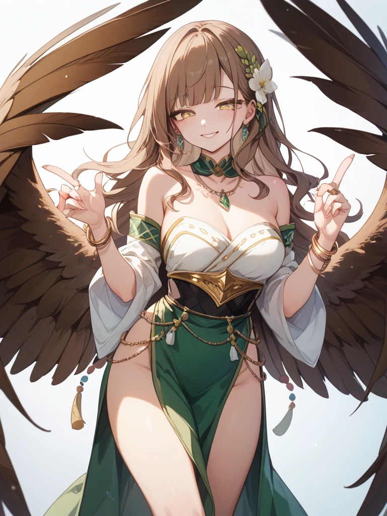 1girl,brown feathers, brown hair,Harpy, open mouth, green eyes, exposed stomach, big breasts, sky background, lens flare, smile, winking, (wink),;), one eye closed,buzz cut