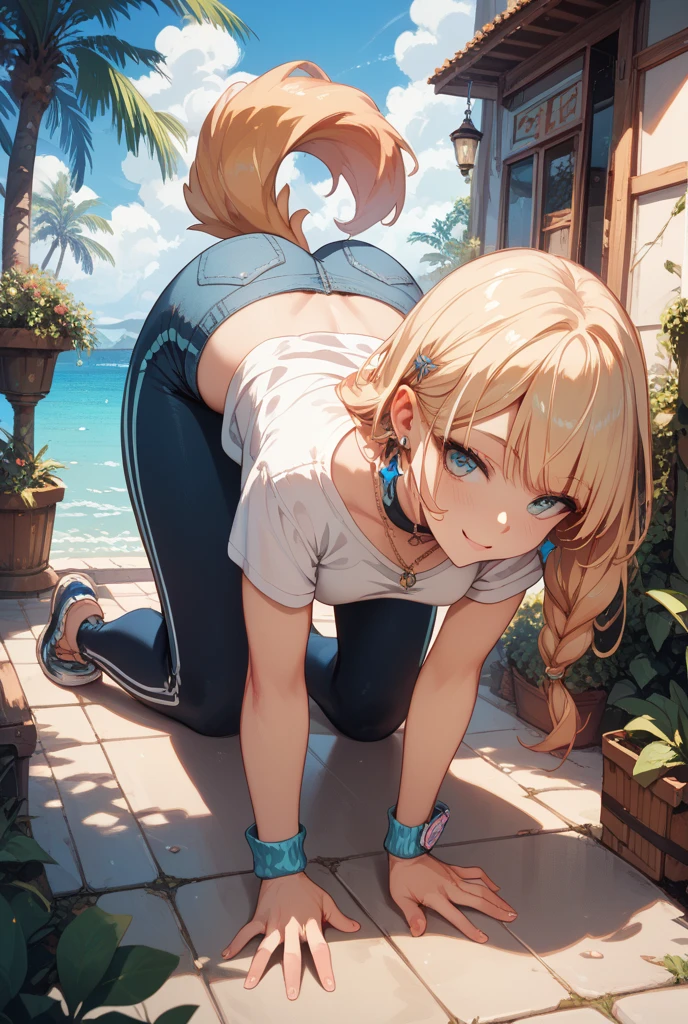 best quality, masterpiece, small , smile, sweatshirt, leggings, outdoors, anime style, grass field, daytime, blue sky, blue eyes, detailed eyes, medium hair, blonde hair, loose hair, bangs, lying down, ,
