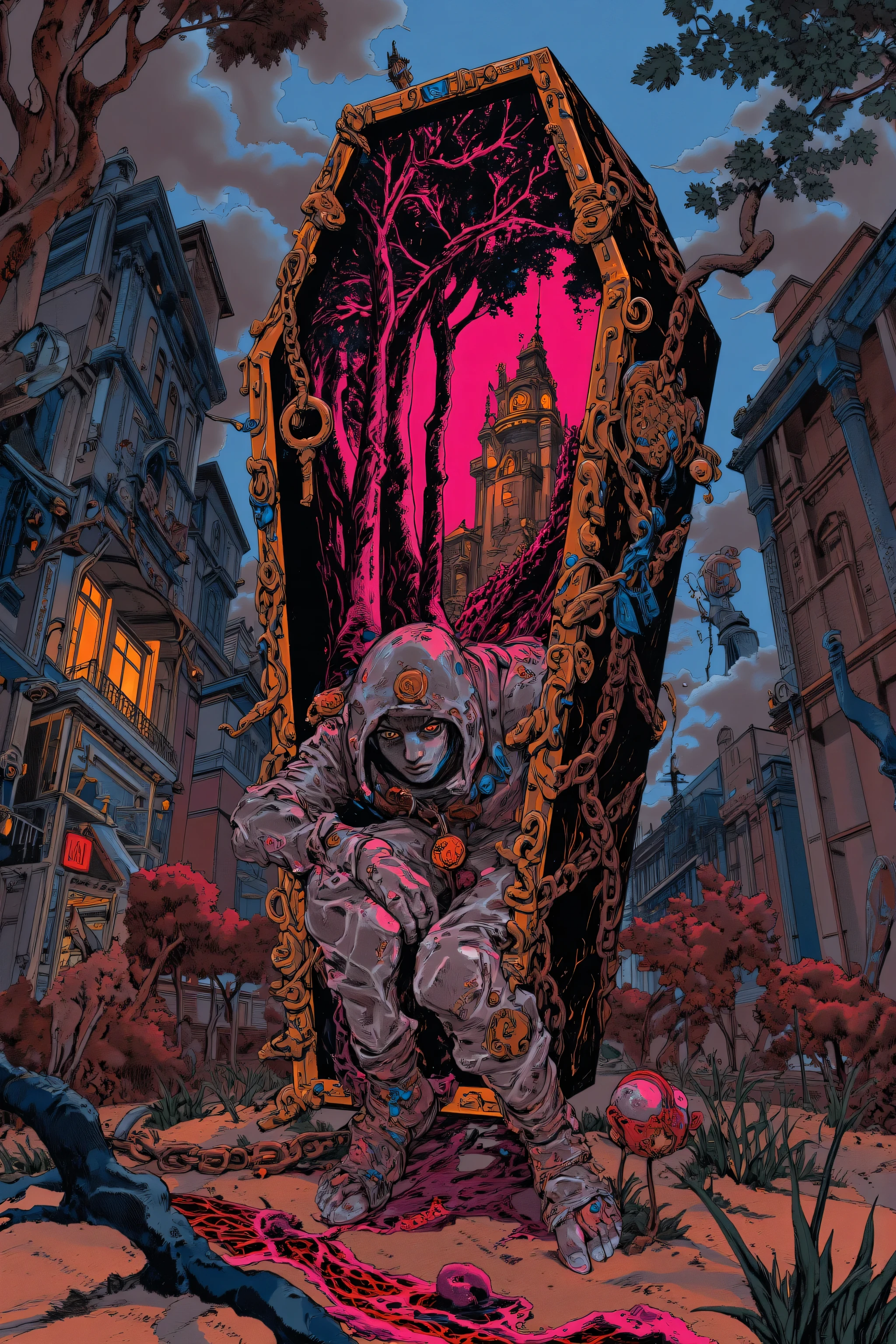 Nightmare Hunter in front of a huge coffin,The lid of a huge, beautifully decorated coffin is open,Inside the coffin, a small nightmare world unfolds, eerily dyeing the sky red,The coffin is drawn quite large in comparison to the buildings and natural objects,The coffin is designed with chains and classic keys swirling around it,Runes in blood, Details of the Hunter show a psychopath covered in tattered grey or brown rags and bandages, with his face hidden by a deep hood,Fabric is frayed and torn、Blood Stains Dotted,Her hands and feet are wrapped in bandages,The Hunter peers out from the coffin with an eerie hunched back and an unnatural pose,A pocket watch around the Hunter's neck,The scene is enveloped in psychedelic and dark rainbow light,Aesthetic, fantastical, dreamy dark fantasy feel,drawn with delicate details and soft colors,Dark Lofi Art,Poison and Disney Mix, Hallucinatory Art , dmt Death of Ego ,Psychedelic Horror , Highly Detailed Fantastic Art ,Shamanic horror 、LSD art