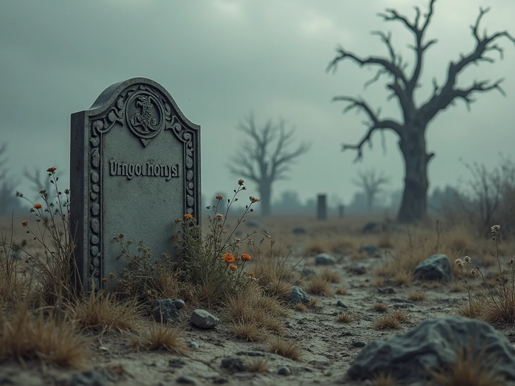Tombstone with a skull on the ground