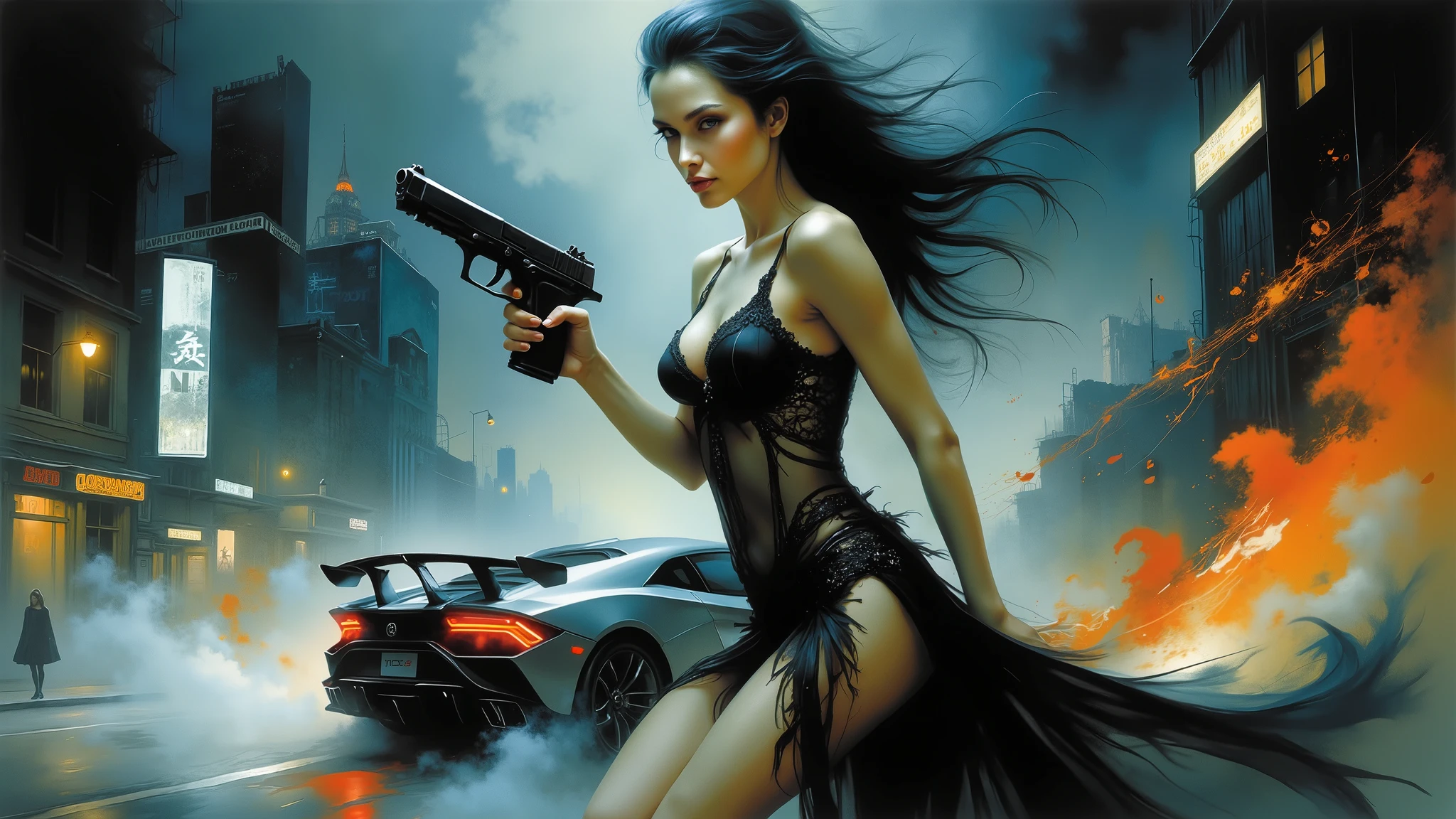 (((Extremely low angle view))). (sleek sport car speeding through the simple outline city), huge:2.0 glowing the matrix style code rain. (((simple High-resolution OLED GUI interfaces in the air))), motion blur. At night very dark sky, (close-up:0.8 half-body 1girl in the foreground, solo), ((thigh-level shot), photo realistic, slim face, large-breast:1.4 slim:1.0 body, cleavage, side boob, ((detailed lace transparent:0.2 short:0.5 white night gown dress, upskirt, front allure G-string T-back micro panty))), (matrix style black sunglasses, holding a short:0.5 gun, aiming viewer), cinematic lighting, ray tracing.
