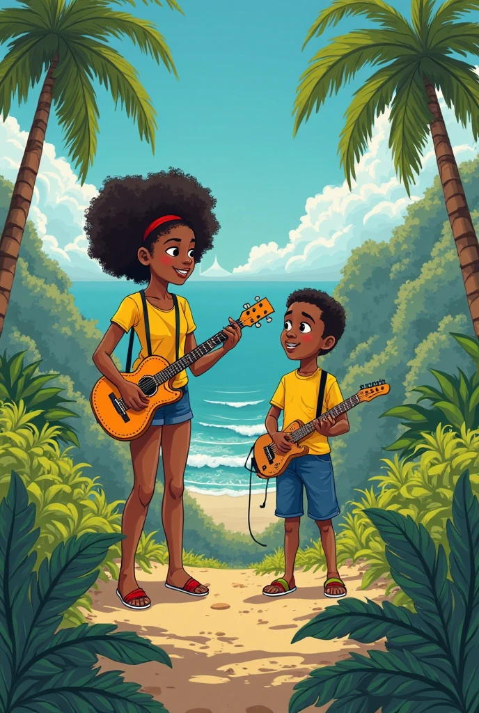 crie um banner no estilo Pixar. A boy with Indian features, moreno pardo com cabelos curtos, castanhos escuros, curly and slightly graying but youthful appearance, usando uma camiseta, Wearing jeans and holding a classical guitar with 7 strings. Beside him a white girl, Beautiful woman with long black hair holding a silver flute.