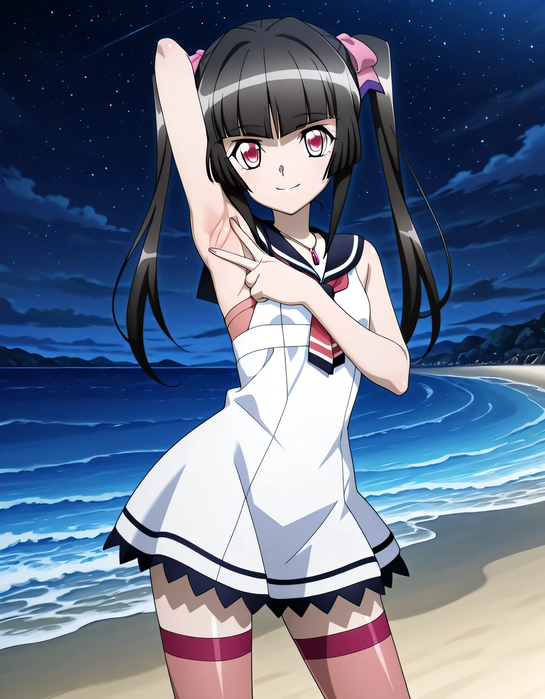 shirabe, anime screencap, anime art style, senki zesshou symphogear, twintails, crimson eyes, black hair, long hair, twintails, jewelry, pink eyes, necklace, blunt bangs, 1girl, shiny hair, sailor dress, handkerchief, necklace, peach stockings, high quality, closed mouth, solo, upper body, night sky, beach, spread armpit, armpits, armpit focus, v, ((contrapposto)), looking at viewer, smile, best quality