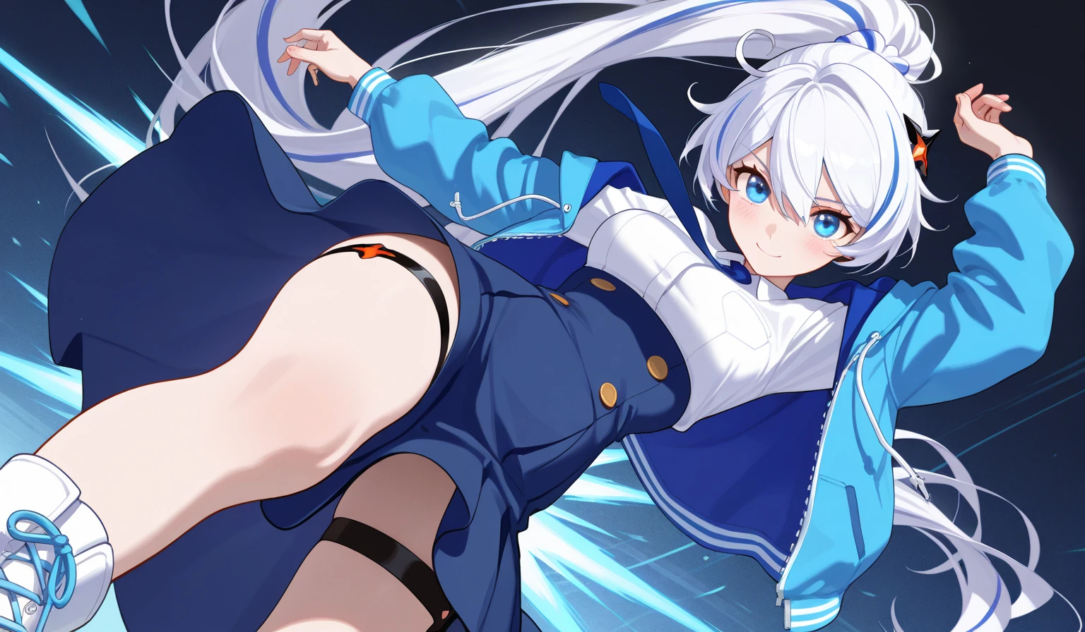 Cover magazine. Solo. 1woman. Anime. A woman with white hair. Her hair is long. Her eye color is blue. She was very cheerful and liked to smile. She is a poet. Wearing a blue hoodie and hoodie hood. She is full of freedom. Have ahego