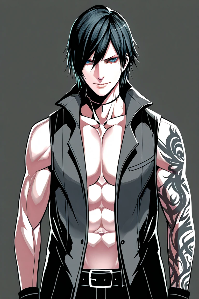 Gorgeous, High-Quality, Taunting Masterpiece
((Hoodlum outfit, edgy style, unkempt hair, piercings)),((grungy alleyway, poor lighting)),((tattered leather jacket, tight T-shirt)),((vibrant inking all over arms)),((bare midriff)),((grimy boots)),((defiant, cocky expression)),((Ratty jeans, low-rise)),((dark background, harsh shadow))
1 male, ((tattoo sleeve, angry eyes)),((inked face, intense scowl)),((smirking mouth)),((disheveled hair, spiky)),((nonchalant