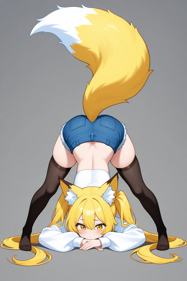 (masterpiece, best quality) detailed, Wearing black tights, Blonde ,elegant, (Fox ears)，Red Eyeshadow, ，Chinese element pattern，thigh，漏出thigh，White shirt，Deep V one-piece swimsuit，bend over，butt