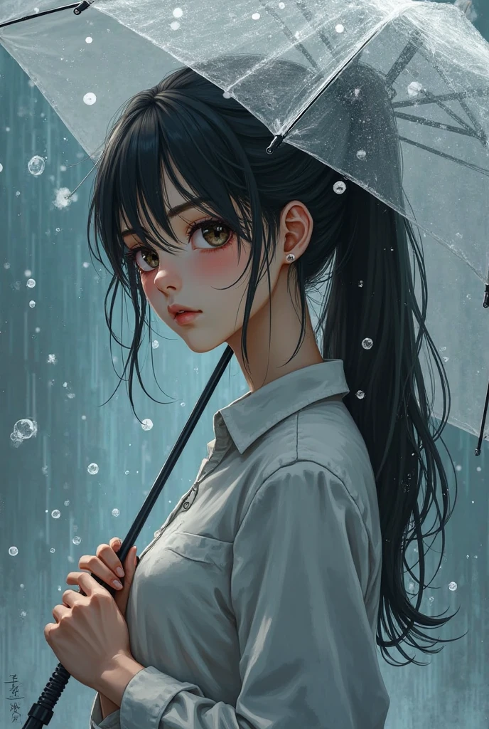 (best quality,4K,8K,high resolution,masterpiece:1.2),Very detailed,(Practical,photoPractical,photo-Practical:1.37),一个女孩站在rain中,Holding an umbrella, Black long hair, , Shy, blush, wet, rain, transparent, (masterpiece, best quality), Soft Light, Composition, light