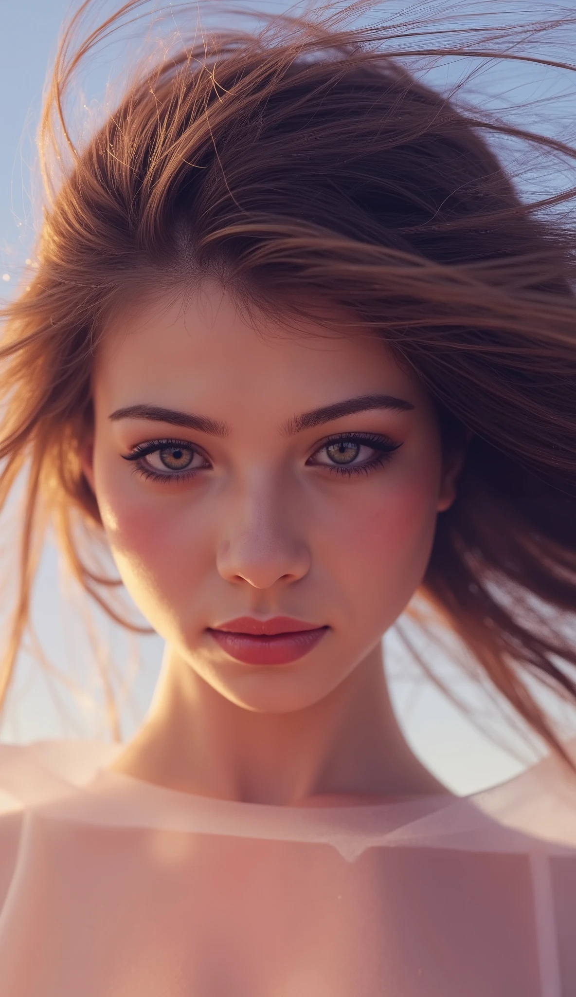 masterpiece,best quality, amazing quality,detailed eyes, high resolution, detailed face, ultra-HD, HDR, absolutely eye-catching, vibrant, intricate details, perfect composition, vibrant colors, 8K, newest, absurdres, very aesthetic, depth of field, amazing quality, RTX, ultra-detailed, masterpiece, best quality, dynamic angle, ray tracing,1girl, close-up of a gentle girl caught in a dynamic pose, long flowing hair lifted by the breeze, translucent fabric, soft twilight, sparkles in the air, tranquil expression,highly detailed, anime style, anime-style, Art8st, color theory, delicate lighting, pastel color tones, fantasy-inspired background, painterly effect, ultra-detailed, high-resolution, masterpiece quality,