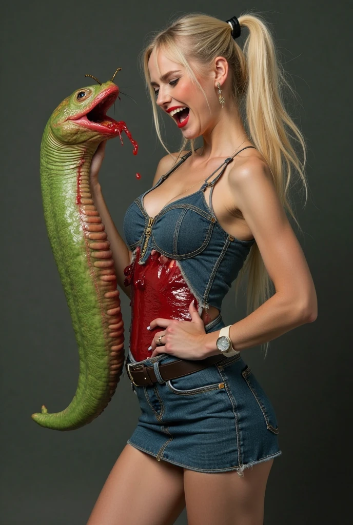  Smiling Happy Horny, aroused 1girl), beautiful blonde young teen girl  wearing red thong with  giant colossal  green kaa monster squeezing her hard, wrapped in thick spiraling coils, constricted, struggle, gasping for air, snake attack, snake peril,