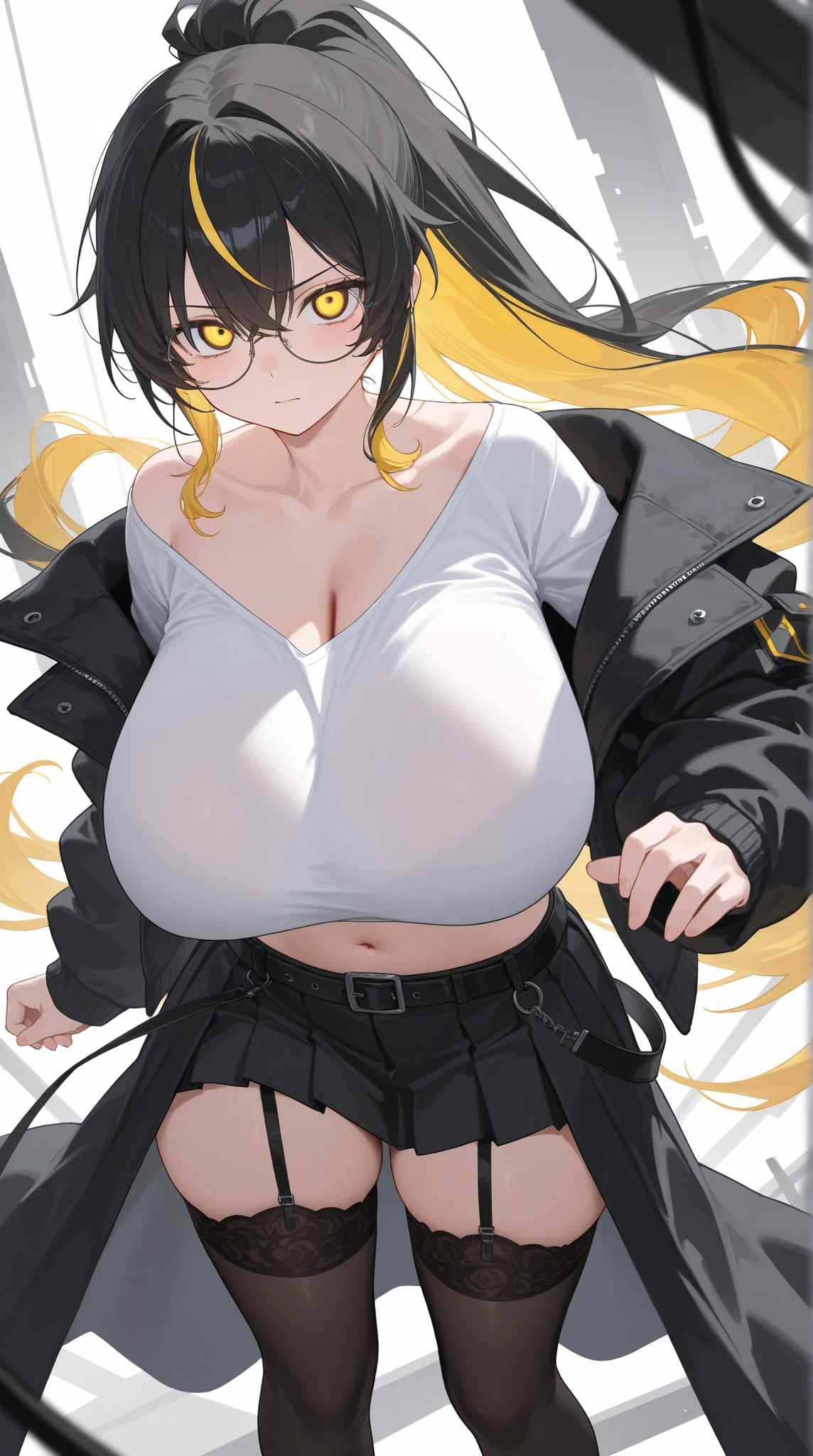 breasts, 1girl, gloves, white_gloves, jacket, shorts, solo, looking_at_viewer, blush, huge_breasts, black_legwear, bare_shoulders, white_border, pantyhose, belt, denim_shorts, blue_shorts, abs, bangs, pink_background, muscular_female, covered_nipples, thighs, denim, open_clothes, navel, outside_border, border, open_jacket, signature,
senjumaru shutara, long hair, bangs, blunt bangs, black hair, sidelocks, (black eyes:1.5), makeup, lipstick, red lipstick,
hollow eyes, yellow eyes, looking at viewer, sweating, heavy breathing, embarassed, blush face, long hair
