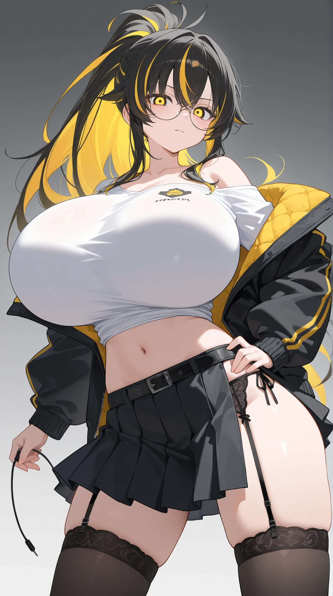 (8k, highest quality, masterpiece:1.2),\(Narrow eyes),(\(Garment Details\)\),Cowboy Shot,(Huge boobs) ,Very detailedなCG Unity 8k 巨大なファイルサイズ,Very detailed,High resolution,Absurd,Beautiful Eyes,Ray Tracing,Dramatic Shadows,finely,Hyper Detail,(1 girl:1.3),(alone)、(Golden ponytail)、(Cheerleader Outfits),(Latex miniskirt)、blush、Sweat、Thick thighs、hot、((Haa))、((Simple Background))、White knee socks、Face the front of your body towards the viewer、Wide Hips、Sexy、Very wet、(I can see her panties)