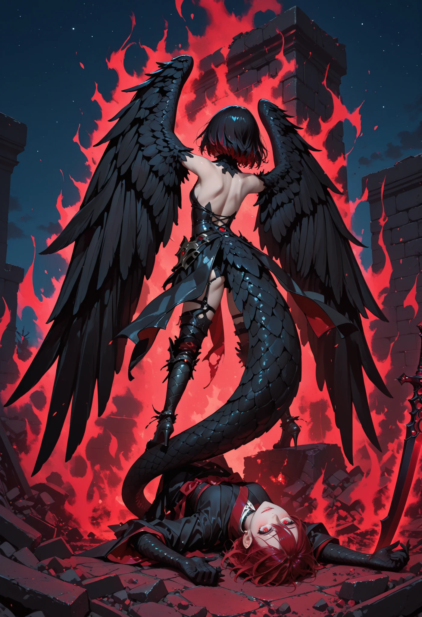 A crow harpy girl. Black hair. Red hair accents. Short hair. Red eyes. Black wings. Hunched back. Snake tail. Red aura. Night sky. Rubble. A collapsed wall. Bricks. A small figure at her feet. A figure holding a weapon.