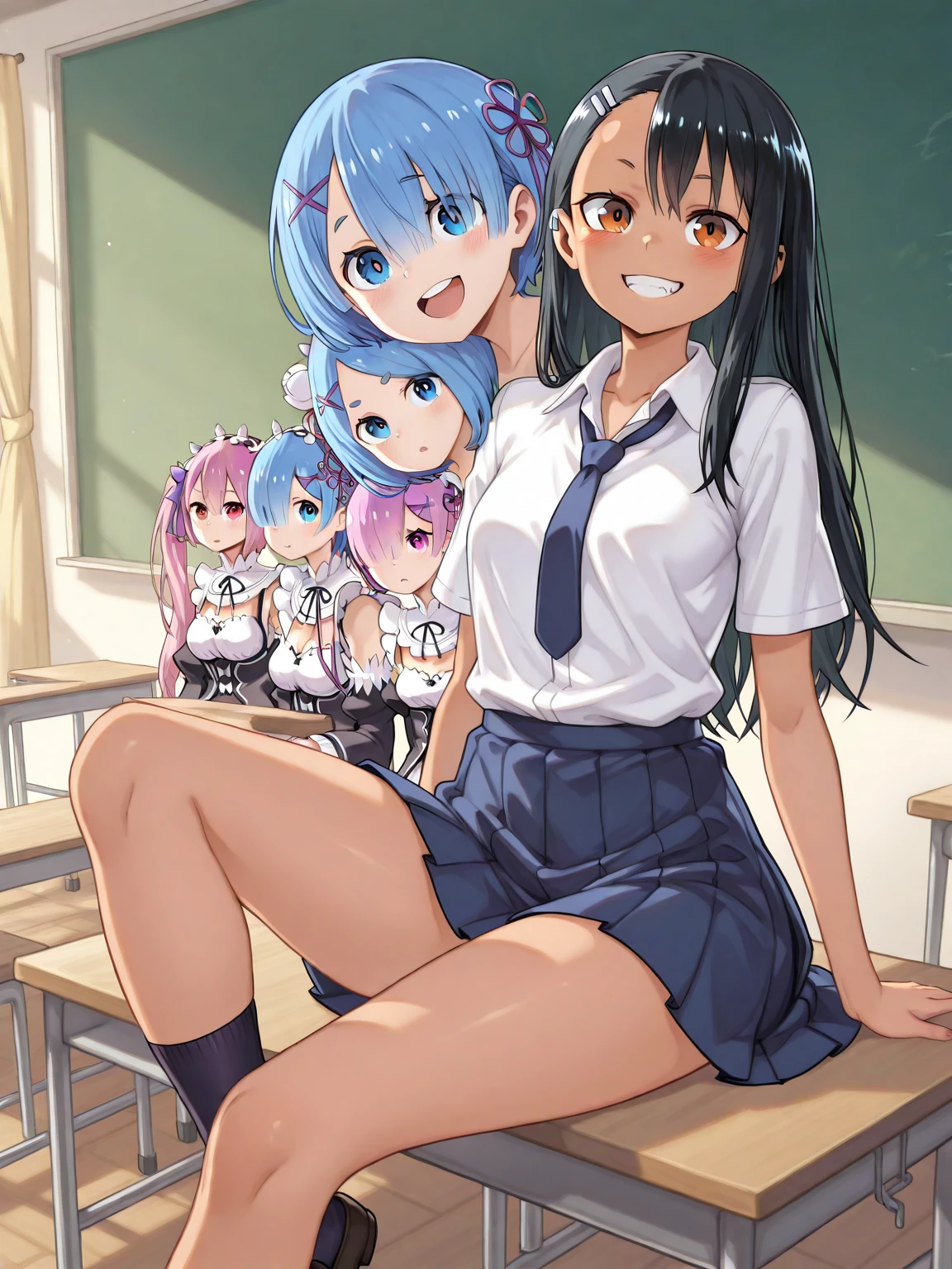 Plain white with ??????? highlightedＴshirt、Ultramarine and white striped mini skirt、White frilly cute ????????? is visible when the skirt is lifted、barefoot、library、Three girls with different heightagical girl with a magic wand