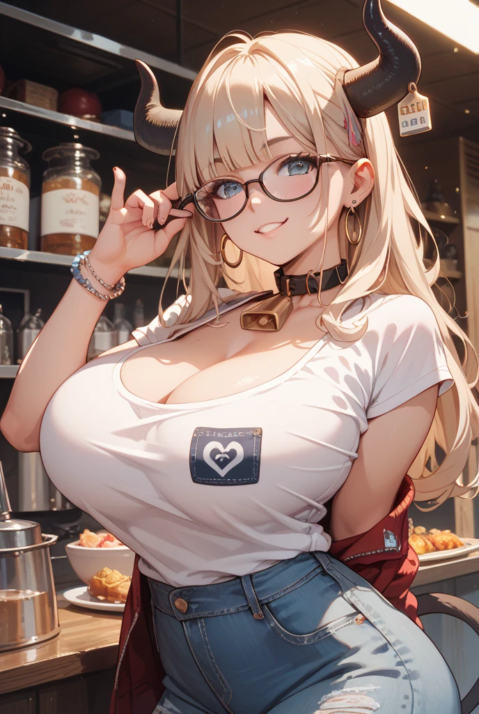 rabbit girl,medium breasts,white long hair,wavy hair,white rabbit ears,white fur,cleavage,black camisole with fluffy fur,denim shorts with chain,torn shorts,glasses,jewerly body chain,jewerly necklace,gold bracelet,belt,black stocking,thick thigh,erect nipples,full face blush,looking at viewer,squinting eyes,smile,open mouth,heart eyes,desire face,coffee shop