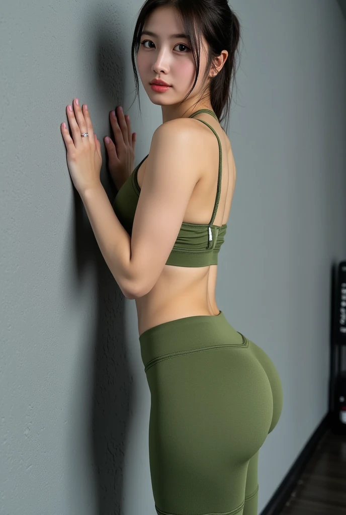 (Japanese),(26 years old), (Slender woman), (Beautiful breasts),double eyelid,Natural Makeup,Thin lips,smile,ponytail,Black Hair,(She is in the nature park),(She has small breasts),(She takes off her bra),(Her breasts are pointed and pointy), (((She wears a big olive-colored t-shirt))), ((She is wearing beige sports tights.)), (Realistic), (Ray Tracing), (Sharp focus), clavicle, (Detailed face), Natural and realistic skin texture, soft face,((Perfect Anatomy:1.4)),(A full view of her slender figure:1.3),(Fit clothing、Sweaty and damp T-shirt:1.3、Tights that fit your genitals and ass:1.3),((See her from a frontal perspective:1.5、See her from below:1.3)),(Tights that reveal the shape of female genitalia:1.5)