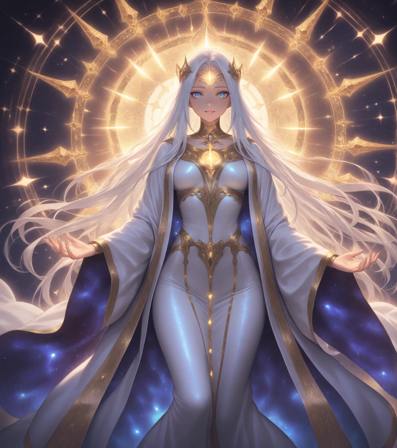 Dragon Ball Super Female Magic Deity as a figure of ethereal beauty, her form draped in shimmering robes that seem to shift between dimensions. Her skin radiates a soft luminescence, and her hair flows like wisps of starlight. Symbols of ancient spells and cosmic constellations adorn her attire, pulsating with faint arcane energy. Her presence exudes an aura of both tranquility and immense power.