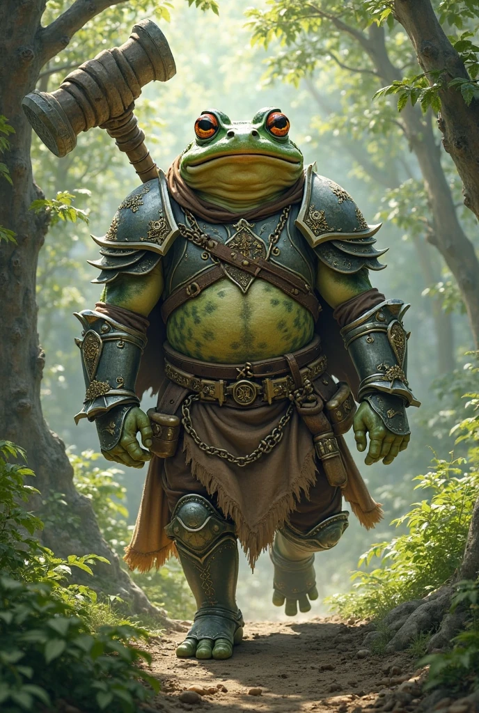 Anthropomorphic frog ranger dual welding swords with a giant shrew as a pet