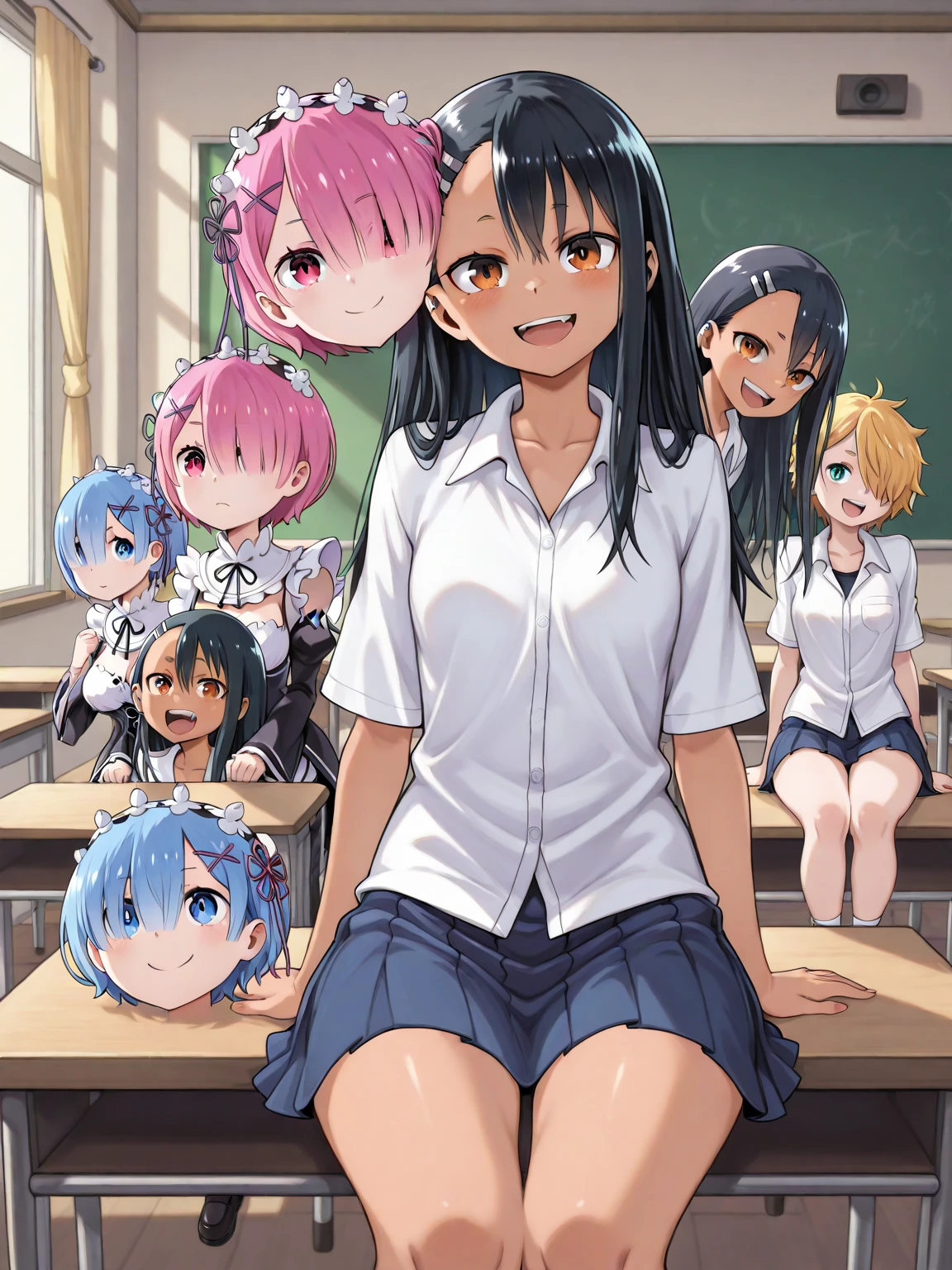 (Top quality illustrations:1.2), (Full color illustrations:1.9), (cute女の子:1.1), (5People Girls、Alongside), (School classroom)、(平行にAlongside立つ)、Commemorative photo、 (5People Girl、Non-virgin、17 years old、Mature、cute、Gal、Slightly smaller breasts、Slightly narrow waist、Ultra-detailed eyes:1.2)、high school girl、Prostitute、 Non-virgin、 Thighs Thighs、(((((nude)))))、(((Positive)))、Facing forward、Laughter、friend、Bold Pose、Sexy pose、Seduce your audience、Love your audience、(Black Hair、Blue Hair、Green Hair、Brown Hair、Pink hair、Red hair、Blonde)、(short hair、Mid-length hair、Semi-long hair)、Hair length、(Straight Hair、Wavy Hair、Curly Hair、Bobcut、Twin tails、ponytail)、(Good balance between face and body:1.4)、(Good balance of girl placement:1.5)、(Licking penis with tongue:1.3)、
