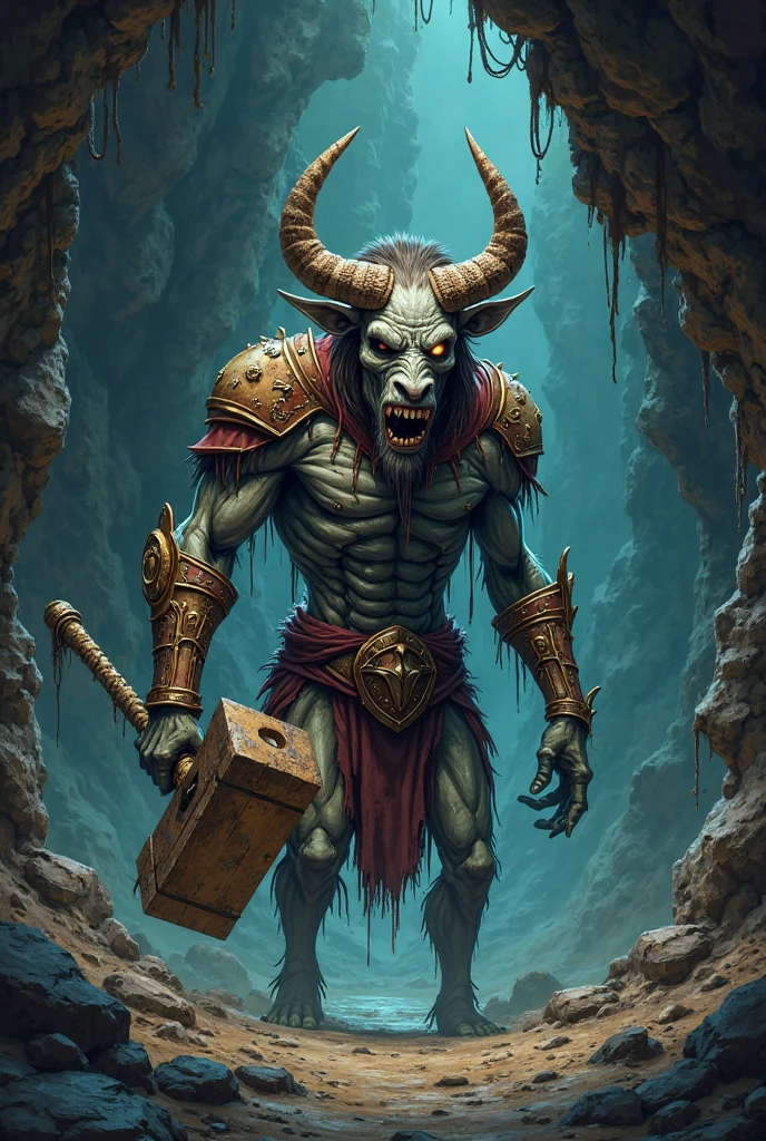 orcs led by the orc king,a strong orc full of scars, horns and sharp teeth with his gang in front of a cave with stones in several skulls near the cave