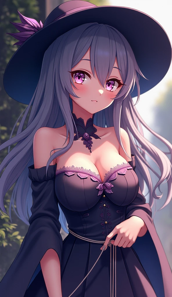 beautiful woman, extremely long hair, purple hair, hair covering one eye, bright blue eyes, glowing eyes, lots of freckles, full lips, (gigantic breasts 1.8), extreme cleavage, deep cleavage, thin body, witch dress, deep neckline dress, low cut sress, black dress, high heels, witch hat, sorceress, extreme blushing, smile, seductive, ultra detailed, dark forest background, masterpiece, 8k