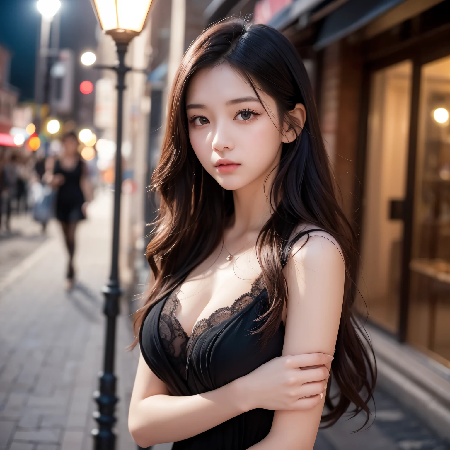 1 Girl,Main Street,Soft Light,Chinese Beauty,dress,Dark-haired,long hair,