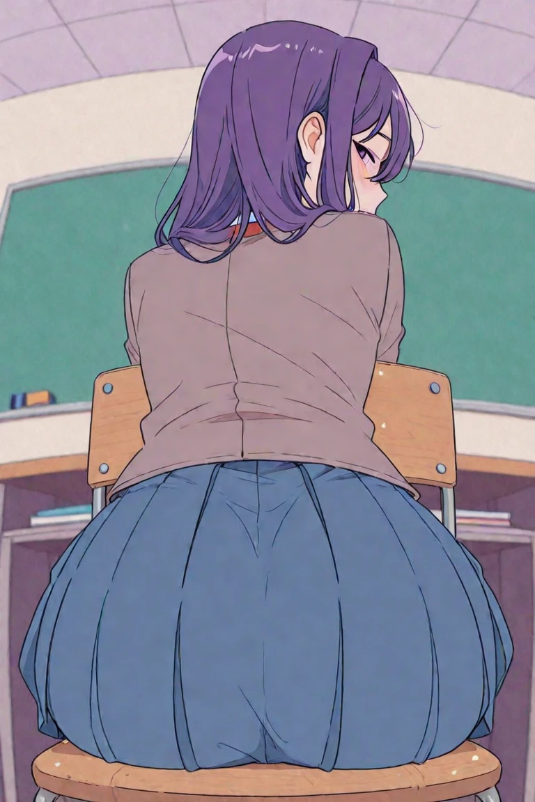 Himawari, tight yellow hoodie, short pink skirt, tight black stockings, thick and juicy thighs, Huge and enormous ass, thick and round back cheeks, short black hair, bottom view, standing back