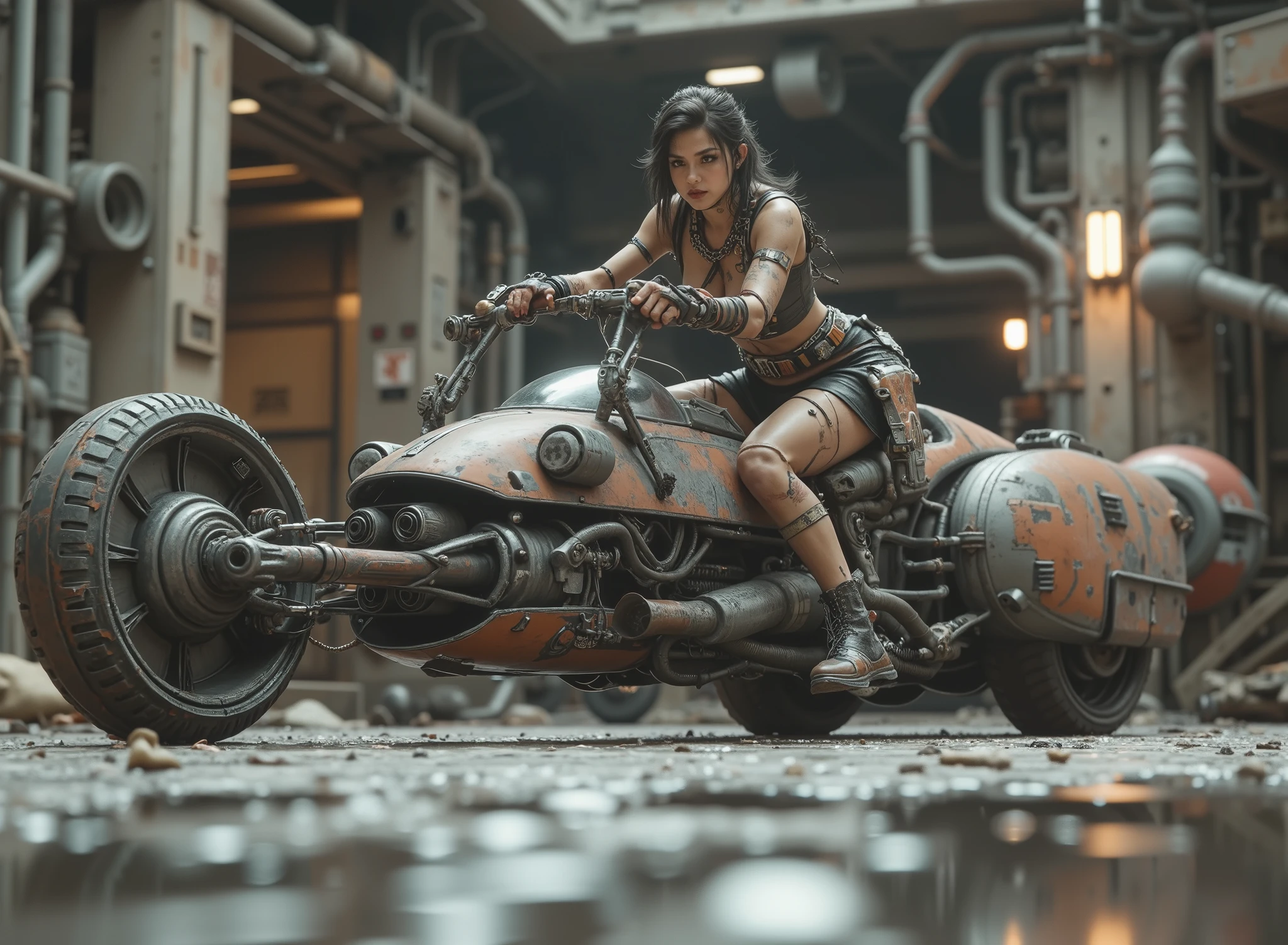 cinematographic photograph using the rule of thirds and composition on planes Photo a 3/4 full body shot counterposed at ground level, soft light, unmarked contrasts, a retro-futuristic flying motorcycle (Speeder bike) Flying ( bike) inspired by motorcycles with low frame and huge engine in the front like the "Indian gorilla" and narrow in the back inspired by the Akira motorcycle of the future, Flying sin ruedas o usando orugas de tanque,de estética diesel punk partes oscuras y negras con mucho oxido motor expuesto al frente y battle damage y partes destruidas, some red lines, vehicles with the large engine exposed to the front of the vehicle You can see the exposed mechanism composed of pistons , hoses, chains y motores con algunas luces, the exposed handlebars and turbines, at high speed in a chase next to several more. In the background of a desolate and flooded apocalyptic planet, reflections in the water, at night, gloomy atmosphere, battle damage. in the style of Ashley Wood a high level of Racrufi style . Reference https ://.It/9nywtVBQD La piloto una hermosa desnuda y muy sexy mujer joven rasgos de mexicana de incomparable belleza latina actItud desafiante , top model, tattooed, Storm Trooper by Starwar, Elegant and Gothic Stormtrooper , fit ((chains)) dress made of chains, emerald eyes, penetrating look , Punk chain , punk belt , full body shot, torn screen , cuero y encaje rasgados y rotos con chains Picos y Muchas joyas de plata de huesos de plata,holding a blaster or a lightsabre