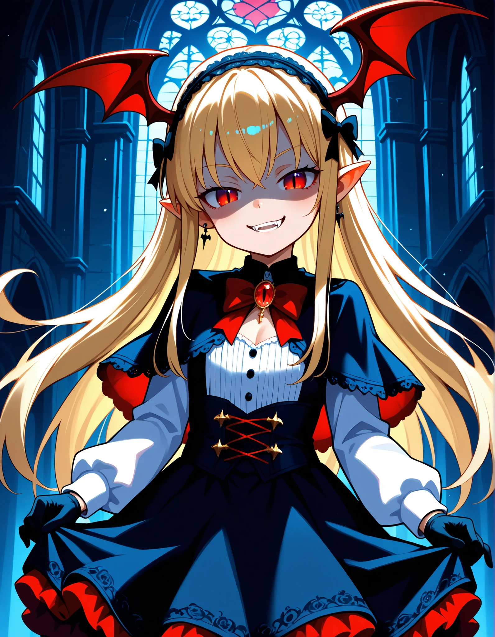 VaniVampy, vampy, vampire girl, 1girl, solo, very long blonde hair, bangs, red eyes, head wings, pointy ears, fangs, slit pupils, black dress, gothic, long sleeves, frills, frilled dress, puffy long sleeves, hairband, hair bow, black earrings, cleavage cutout, black capelet, silk, fine fabric emphasis, shaded face, smug, mesugaki, head tilt, teeth, black gloves, gothic architecture, BREAK A young vampire girl in a gothic castle,