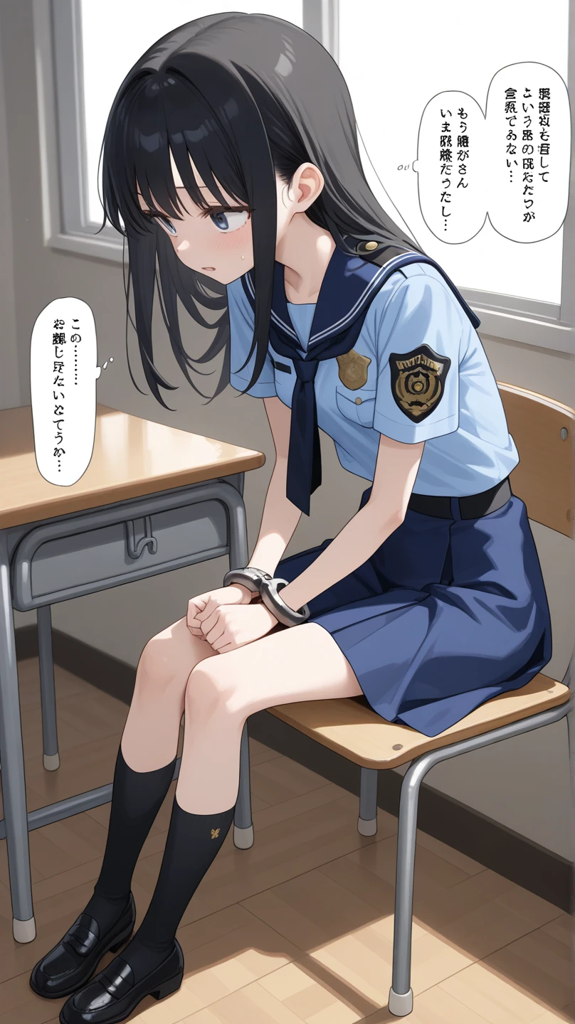 4k quality, verlegener gesichtsausdruck, anatomisch perfekt, 1 girl, Ichinose Honami, white skirt, Red top, (standing in a classroom:1.6), (Full body:1.6), restrained,police,arrest,restrained,shackles,(((building,city,handcuffs, cuffs, upper body, handcuff, bound wrists)))