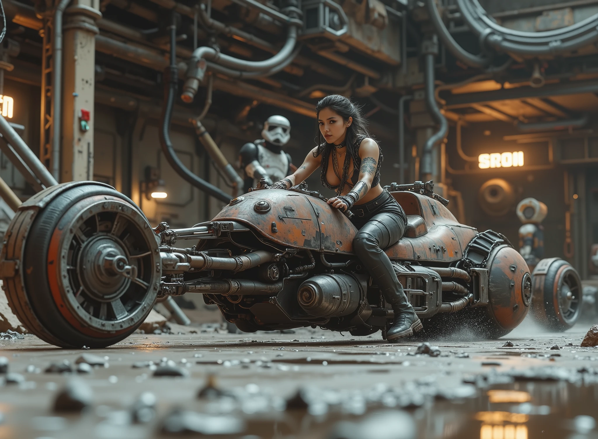 cinematographic photograph using the rule of thirds and composition on planes Photo a 3/4 full body shot counterposed at ground level,  soft light, unmarked contrasts, a retro-futuristic flying motorcycle (Speeder bike) Flying ( bike) inspired by motorcycles with low frame and huge engine in the front like the "Indian gorilla" and narrow in the back inspired by the Akira motorcycle of the future, Flying sin ruedas o usando orugas de tanque,de estética diesel punk partes oscuras y negras con mucho oxido motor expuesto al frente y battle damage y partes destruidas, some red lines, vehicles with the large engine exposed to the front of the vehicle You can see the exposed mechanism composed of pistons , hoses, chains y motores con algunas luces, the exposed handlebars and turbines, at high speed in a chase next to several more. In the background of a desolate and flooded apocalyptic planet, reflections in the water, at night, gloomy atmosphere,  battle damage.  in the style of Ashley Wood a high level of Racrufi style . Reference https ://.It/9nywtVBQD La piloto una hermosa desnuda y muy sexy mujer joven rasgos de mexicana de incomparable belleza latina actItud desafiante ennpose inclinada a alta velocidad, top model, tattooed, Storm Trooper by Starwar, Elegant and Gothic Stormtrooper , fit ((chains)) dress made of chains, emerald eyes, penetrating look , Punk chain  ,  punk belt , full body shot, torn screen , cuero y encaje rasgados y rotos con chains Picos y Muchas joyas de plata de huesos de plata,holding a blaster or a lightsabre