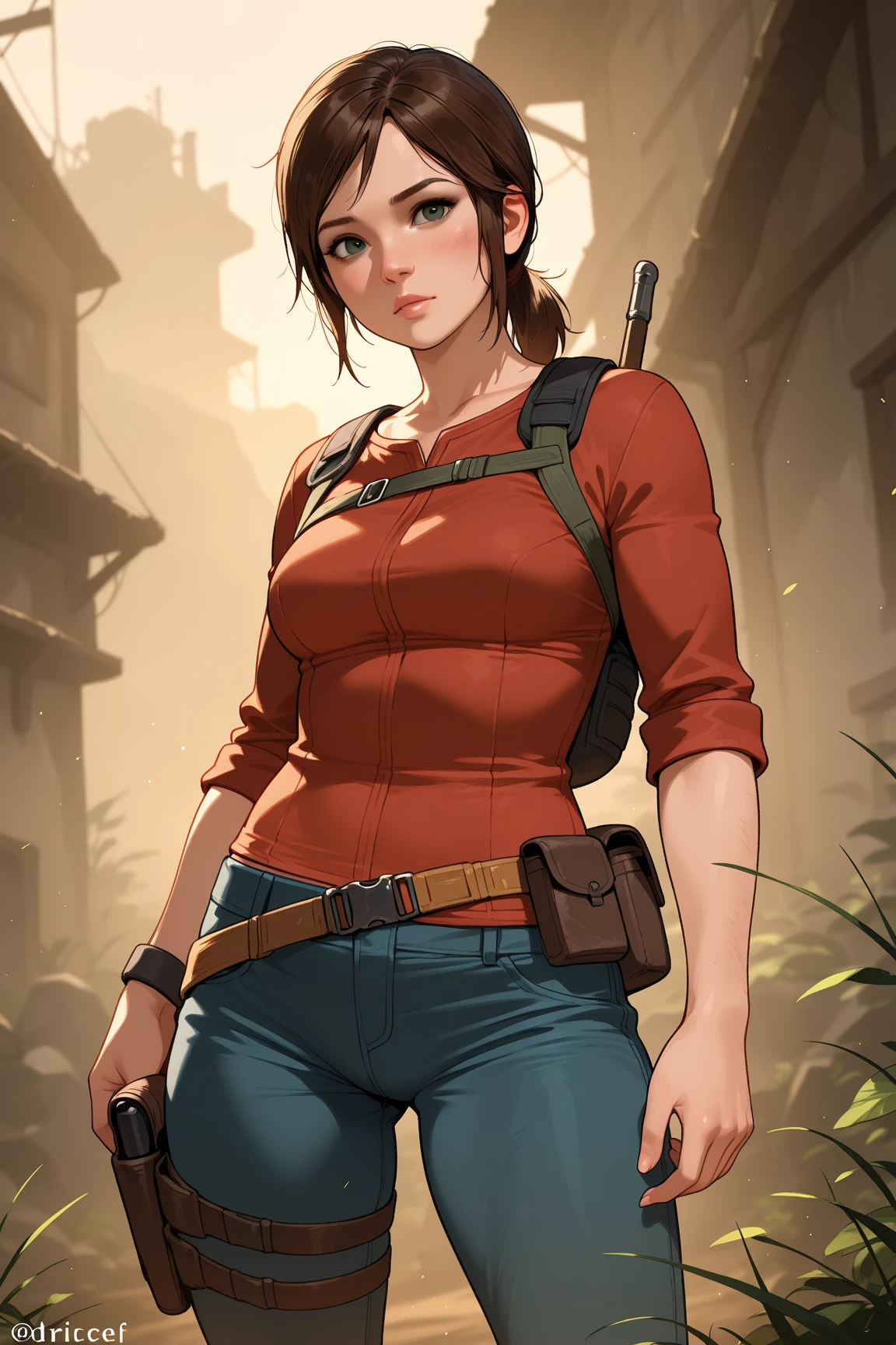 score_9_up,score_8_up,score_7_up,score_6_up,rating_safe,(dark,chiaroscuro,low light),solo,gloves,1girl,female farmer, (rags:1.1),standing,belt,facing viewer, large breasts, wide hips, beautiful, cute, loose clothes, scars,
