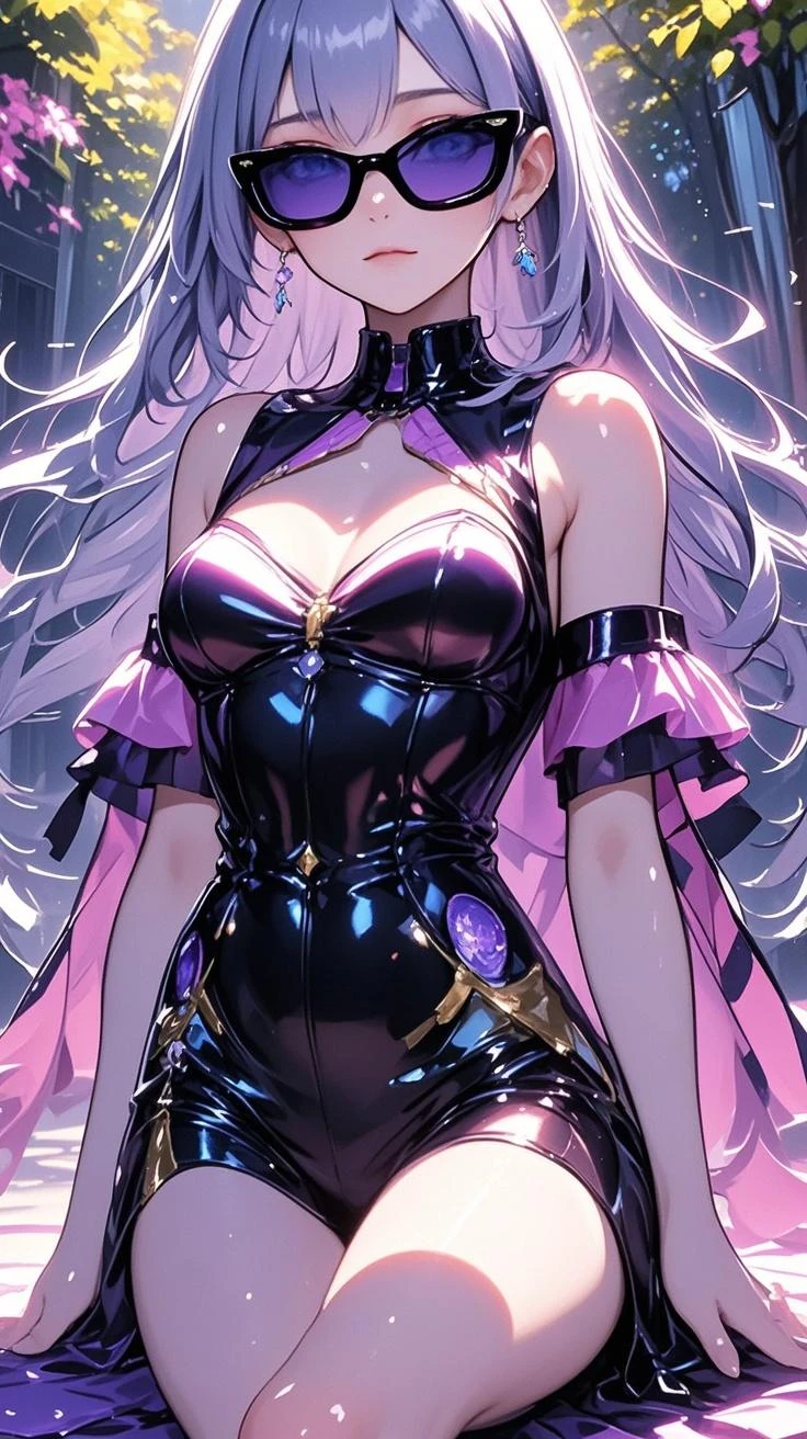masterpiece, best quality, highres, nm1, cyberpunk maid dress, short skirt, rabbit ears, cowboy shot, standing, colorful hair
