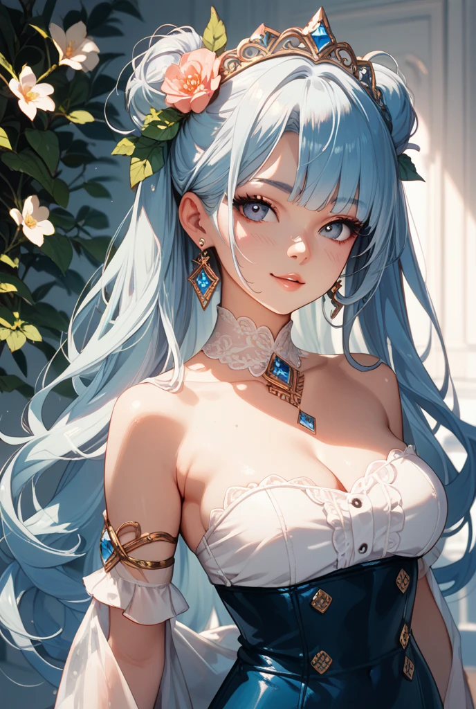 masterpiece), (best quality), (ultra-fine), (pan hair), (illustration), (1 girl), (fashion clothing), standing, fashion model, looking at the audience, (interview), (background forest), beautiful delicate eyes, delicate beauty, floating, (high saturation), (colorful splashes), colorful bubbles, (shiny), (full body) (beautiful figure), focus on face, ponytail, upper lining, light blue hair, bangs, hair ring, floating flowers, flowing hair, (shiny), Best lighting, best shadows, vistas, in the forest, with pets