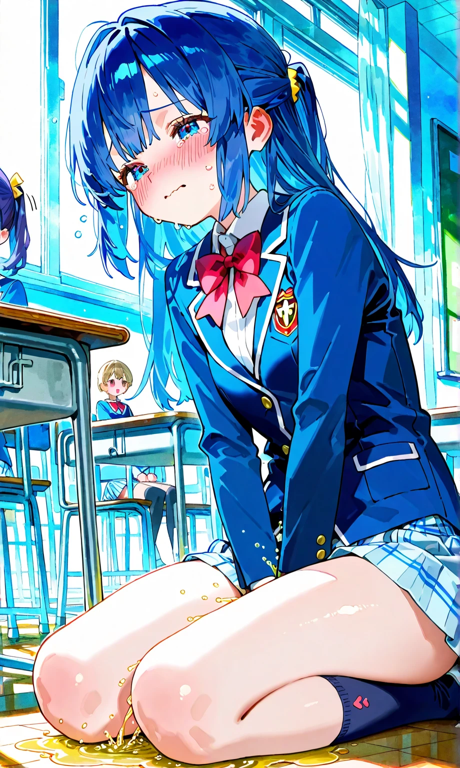 small breasted girl, short, elementary school student, blue hair, fishtail braid, blue eyes, round eyes, shy, shy, classroom, naked, short, young face, short height, peeing , has a buttock